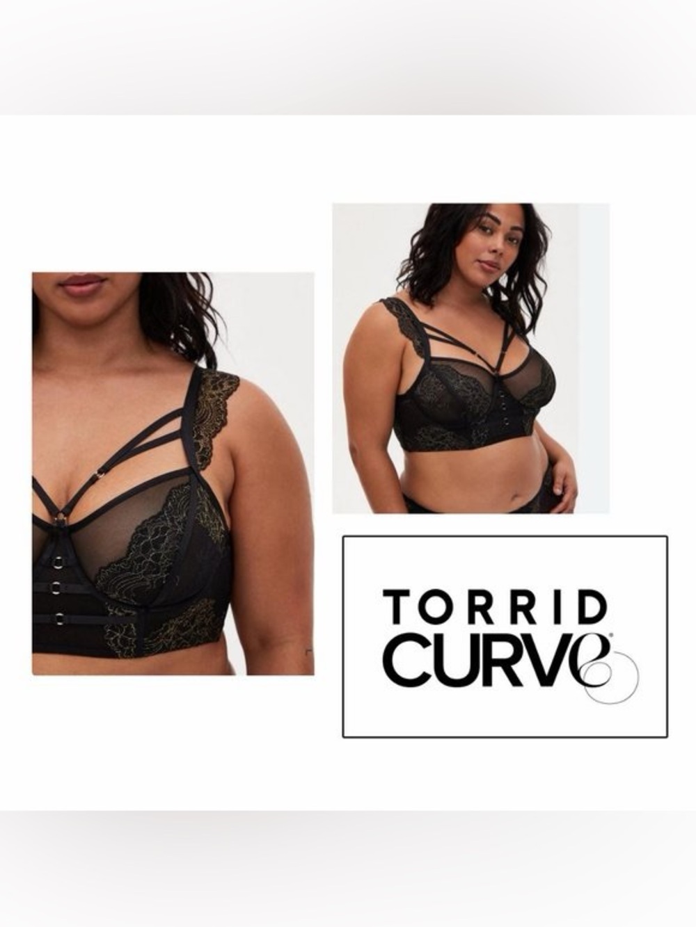 Torrid Curve Black & Gold Lace Longline Bralette Lingerie Size 1